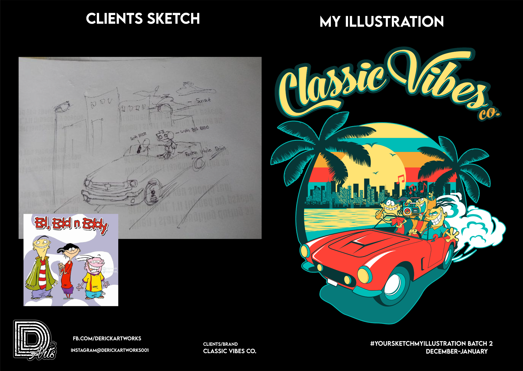 Client pencil sketch and finished colorful Classic Vibes Co. illustration with a red convertible and tropical sunset